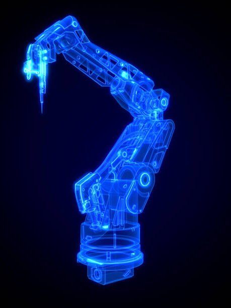 3d robot arm wireframe or cnc machine on black background